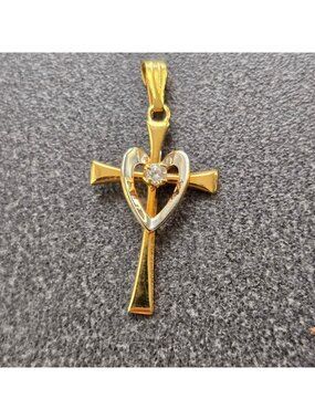 Gold Filled Cross Pendant With Heart & Diamond Accent Vintage Jewelry JH5005
